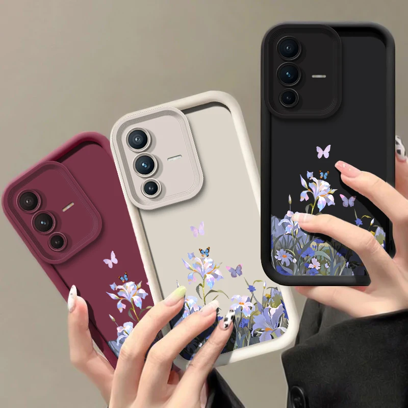 Fashion Flower Butterfly Print Phone Case For Vivo X200 FE X100 Pro X100S X90S X90 X80 X70 Pro Matte Silicone Shockproof Cover