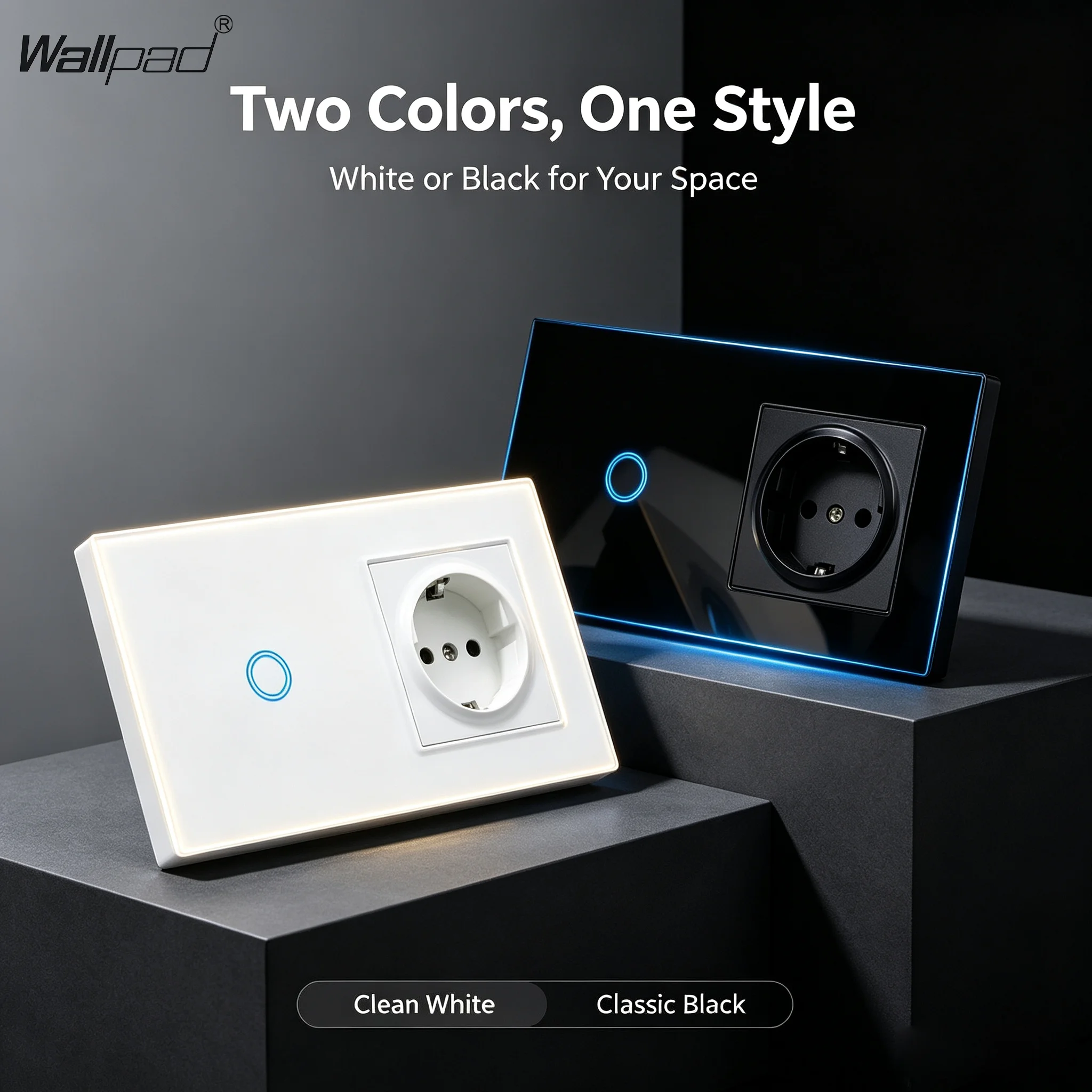 EU 1 Gang Touch Light Switch Wallpad, Wall Socket With EU Socket,157×86mm White Black Tempered Glass Panel Wall Electrical Outle