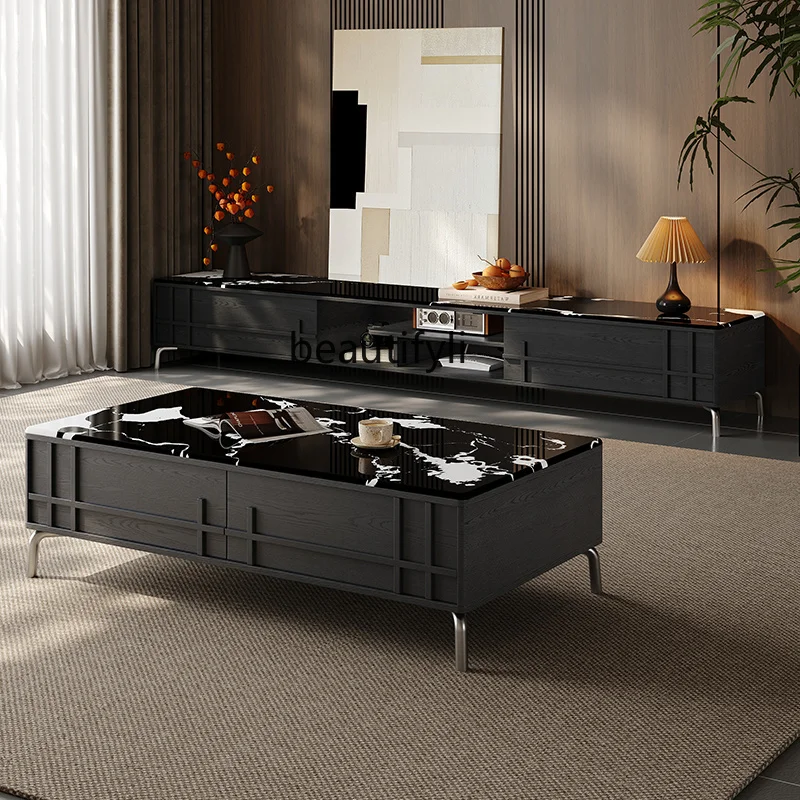 

New Mid-Century Style Black Wood Grain Italian Minimalist Microcrystalline Stone Coffee Table and TV Cabinet Set Modern Simple