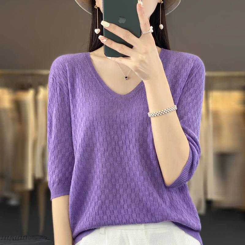 Spring and summer short sleeved women\'s cashmere sweater short sleeved pullover short sleeved T-shirt knitted sweater T-shirt