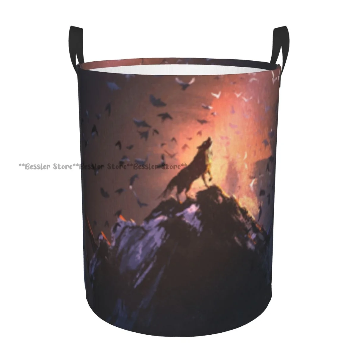 Howling Wolf On Rock Surrounded By Bats Scary Dog Wild Life Storage Bag Household Dirty Laundry Basket Folding Clothes Organizer