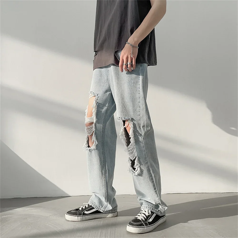 Ripped กางเกงยีนส์ผู้ชายกางเกง Casual Vintage Baggy เสื้อผ้าขาตรงกางเกงเกาหลีแฟชั่น Man Streetwear Pop Harajuku กางเกง