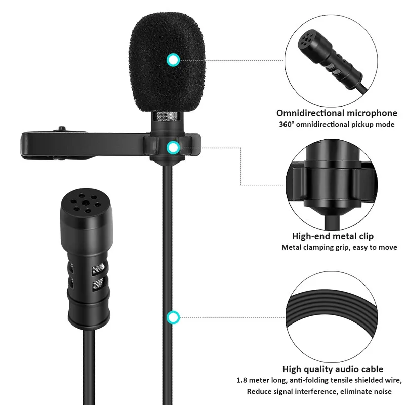 Mini Portable Lapel Wired Clip Micro Lavalier  Dslr Mic Lavalier Microphone for Smartphone PC Camera for Video Recording Youtube