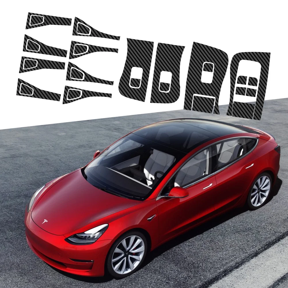 Per Tesla Modello 3 Modello Y 2018-2023 Finestra di automobile in fibra di carbonio Pulsante interruttore Adesivo Porta di vetro Pannello di