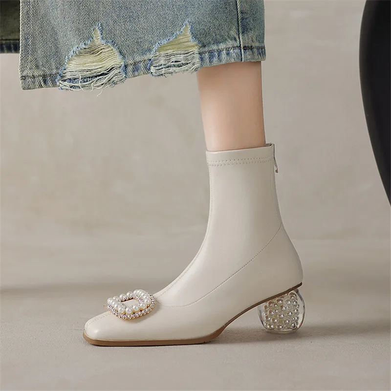 New Autumn Winter Women Boot Pu Leather Short Boots Fashion Pearl Square Toe Elastic Boots for Women High Heels Ladies Shoes