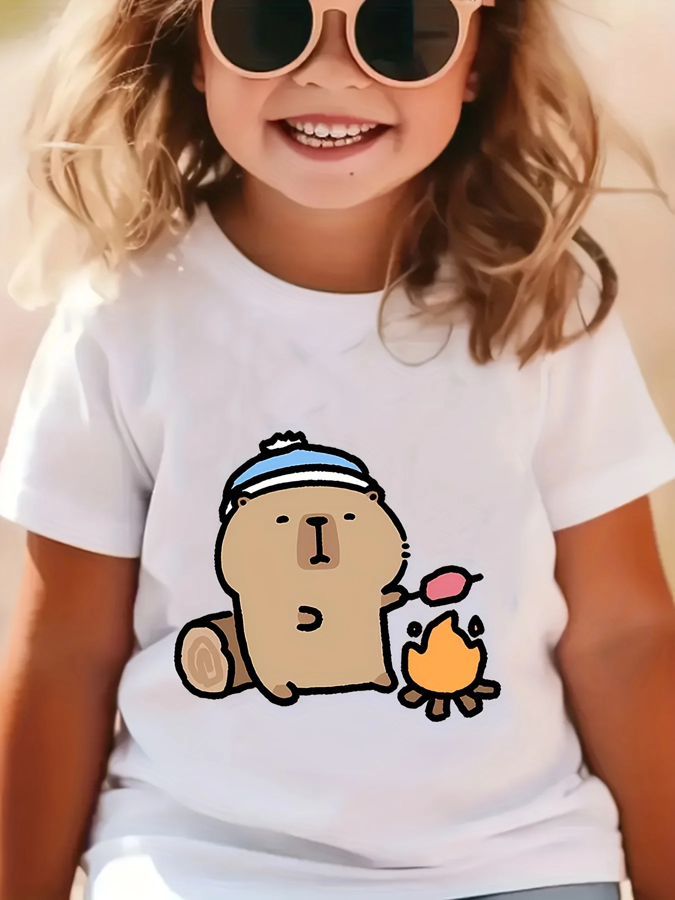 Camping Capybara Marshmallow Campfire Print Family Matching Cotton Tees Short Sleeve Tops For Mom Dad Boys Girls Daily Wear