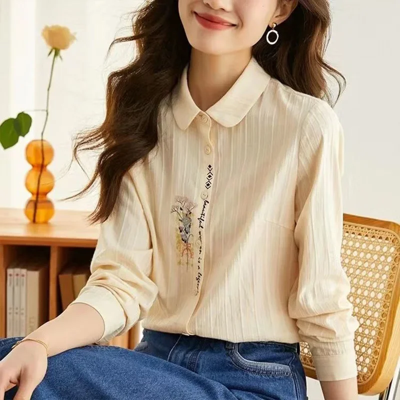 Camisa de manga larga con bordado de flores de algodón puro para mujer, Tops holgados informales para ir al trabajo, ropa de moda para mujer