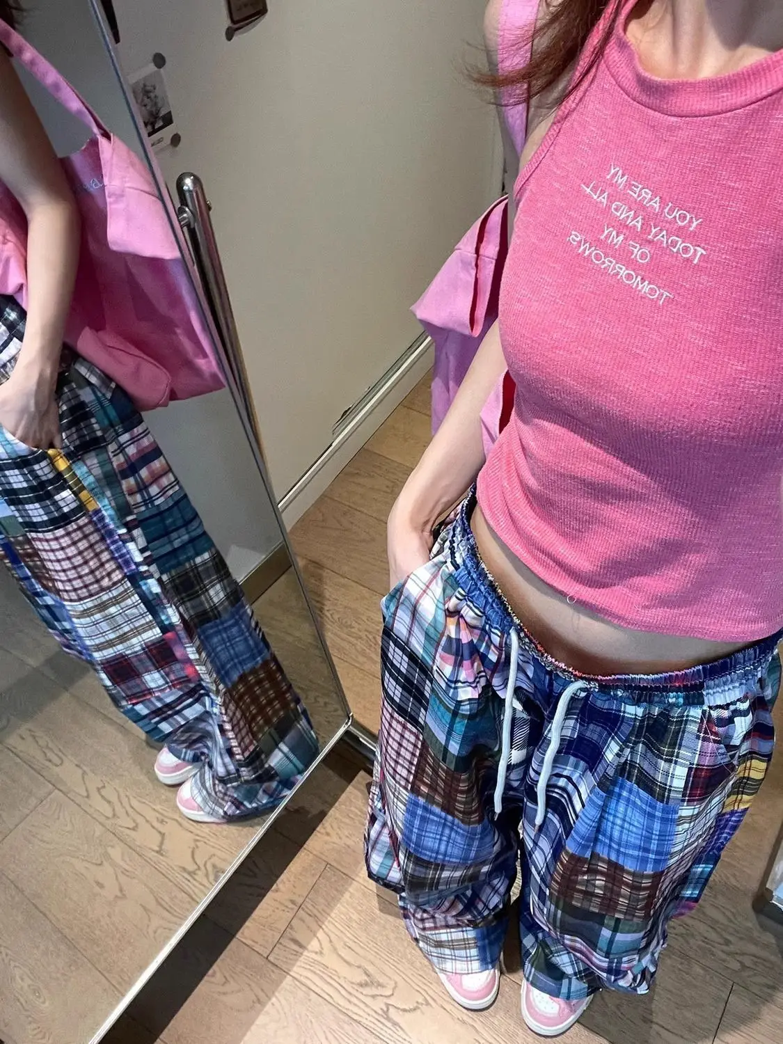 New design sense niche American retro color checkered wide-leg pants women's versatile checkered floor-length pants