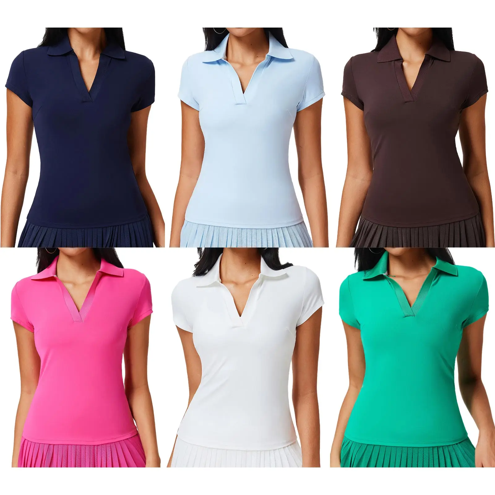 

Quick-Drying Tennis Workout Top for Women S-3XL - Solid Color Golf Shirt with Turn-Down Collar V-Neck Short Sleeve