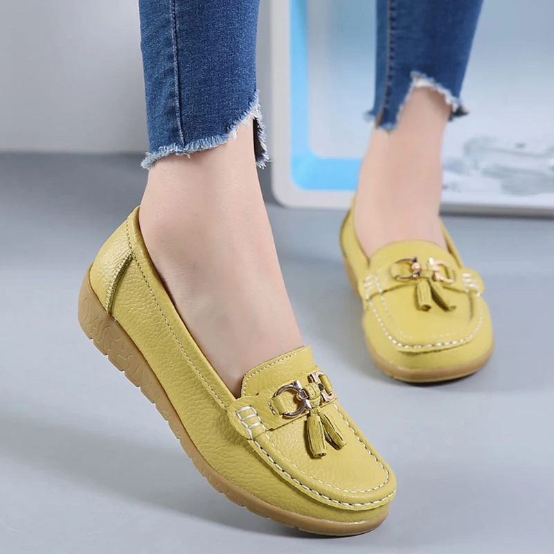 2022 Women Shoes Spring Autumn Cow Leather Flats Women Footwear Slip On Loafers Mother Moccasins Shoes Female Large Size 35-43