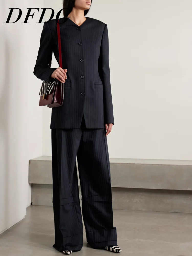 

DFDG Women Summer 2026 Spring Pinstripe Suit Set Collarless Single Breasted Blazer Wide Leg Pants Office Commute Outfit Set