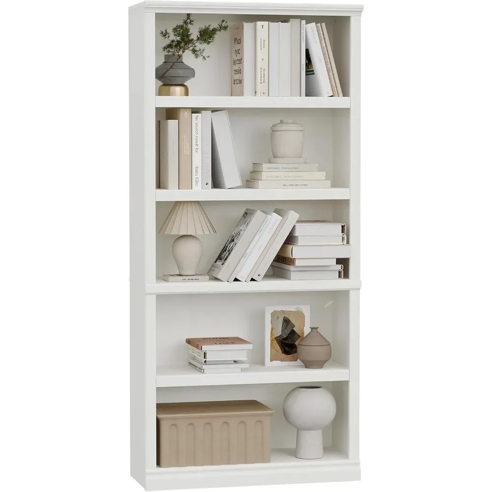 5 Tier Tall White Wood Bookcase 33 Inch Wide Adjustable Shelves Floor Standing 70 Inch High for Home Office Living Room