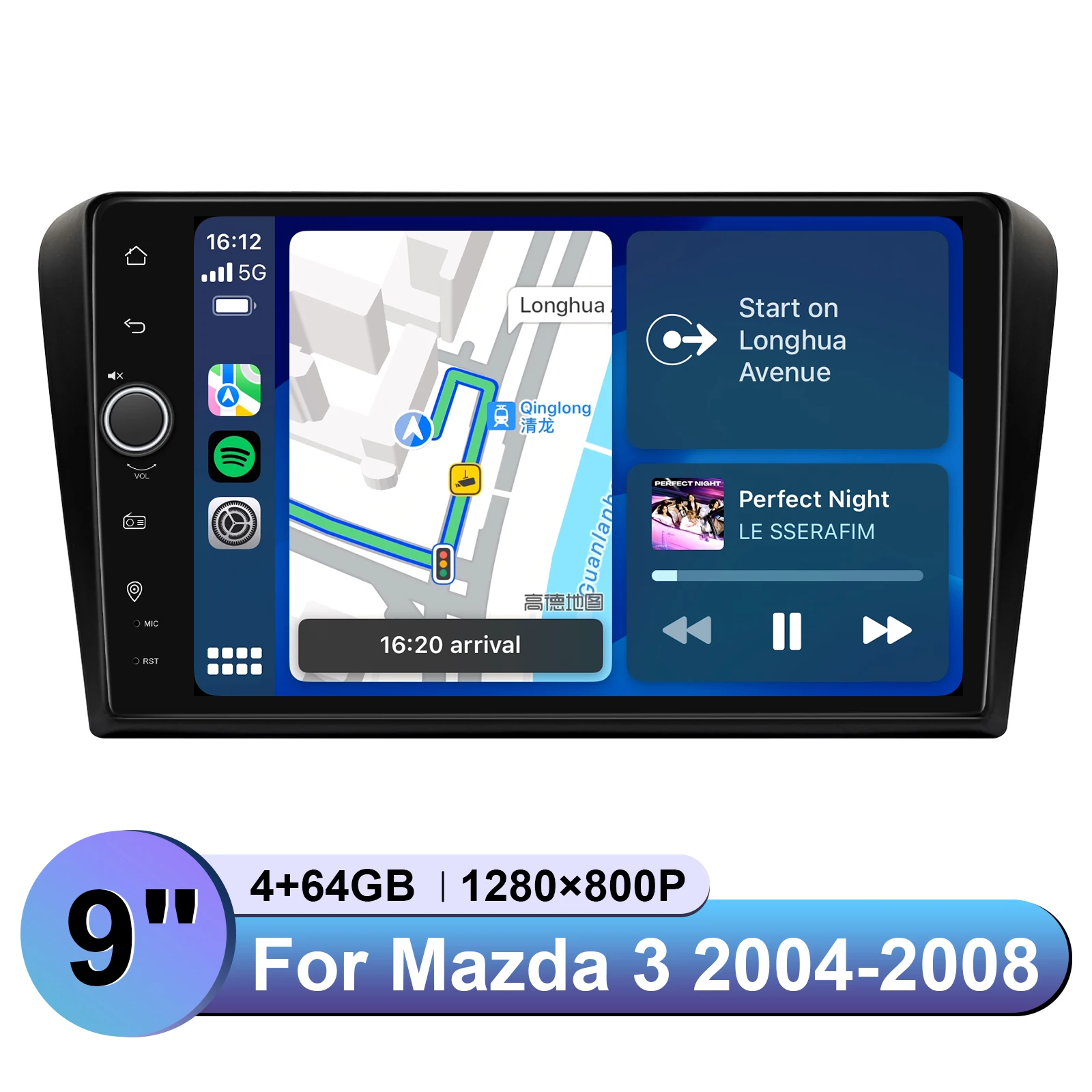 Car Stereo Head Unit for Mazda 3 2004-2008 Support CarPlay/Android Auto With HDMI Output for Headrest Monitors Split Screen&PIP