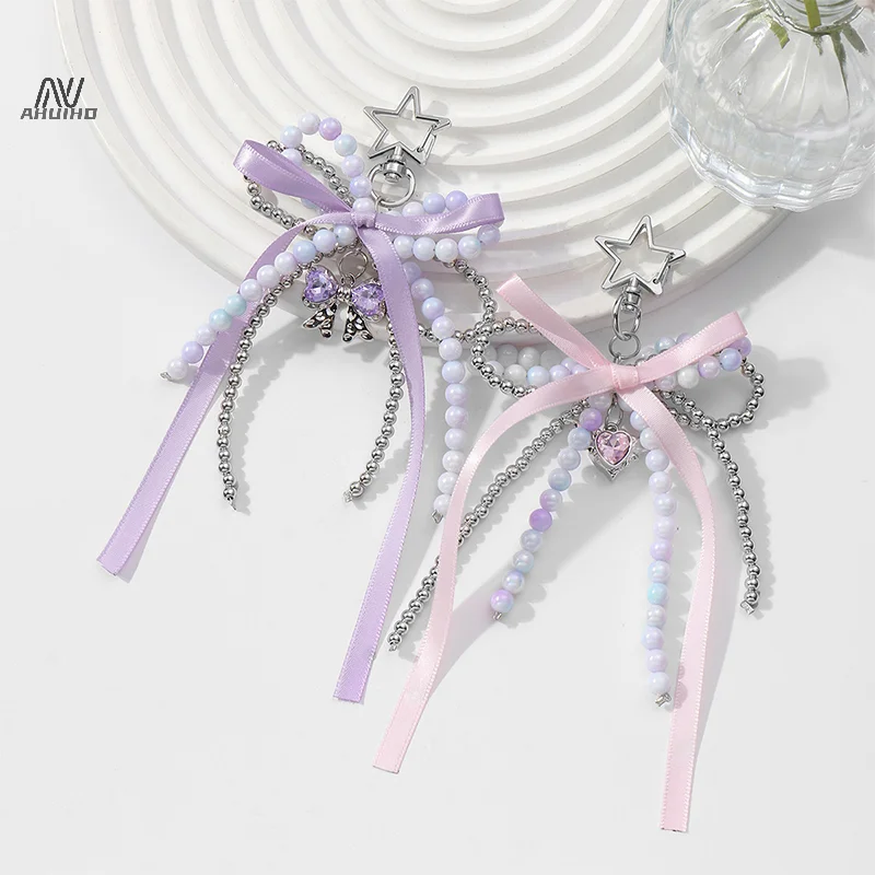 Y2K Sweet Beaded Keyring Exquisite Ribbon Rhinestone Bow Keychain For Girls Bag Pendant Decoration Fashion Key Accessories