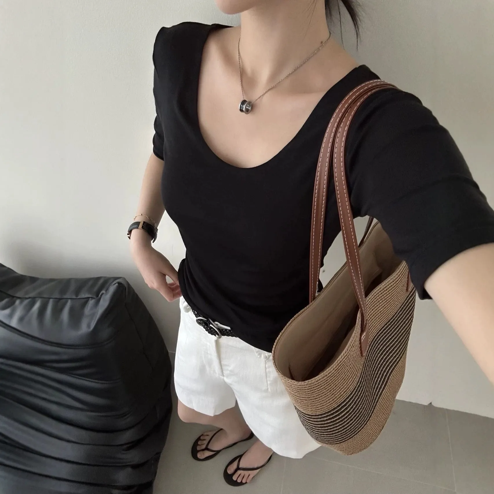 Mercerized Half Sleeve Top with Straight Cut Regular Length Casual Spring Set in Shoulder Round Neck Mid Sleeve Top Women