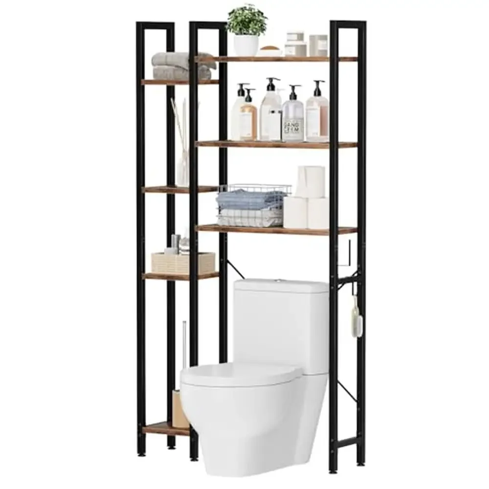 

7-Tier Bathroom Organizer Shelf Freestanding Storage Rack with Hooks & Adjustable Feet Space Saver Towels Toilet Paper Plants