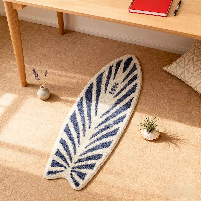 VIKAMA Surfboard Shaped Leaf Carpet, Tropical Blue Palm Leaf Anti Slip Carpet, Bedroom Study Entrance, Home Decoration Door Mat