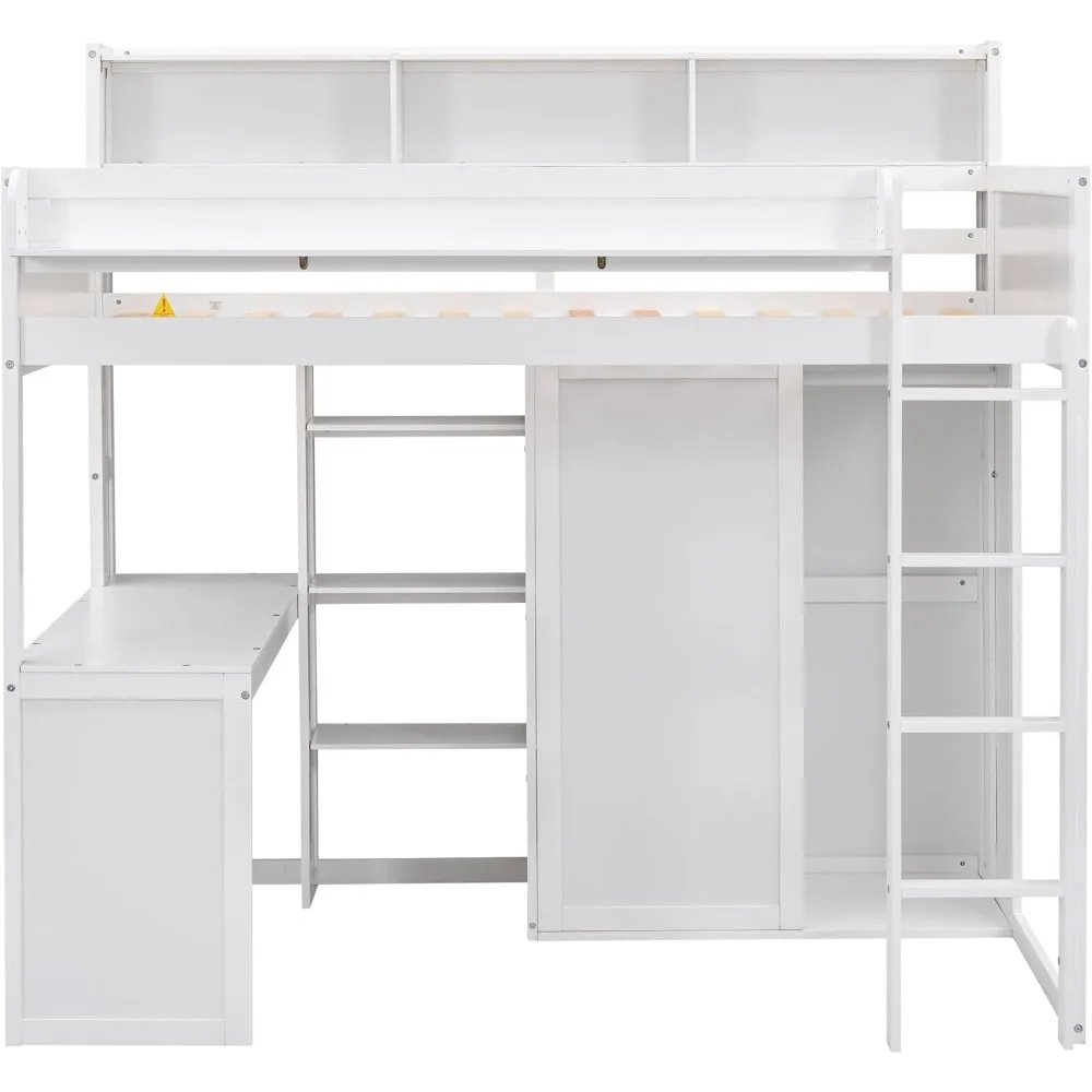 Lit mezzanine double Harper & Bright Designs avec armoire, bureau et plusieurs étagères de rangement, cadre de lit mezzanine en bois massif avec livre