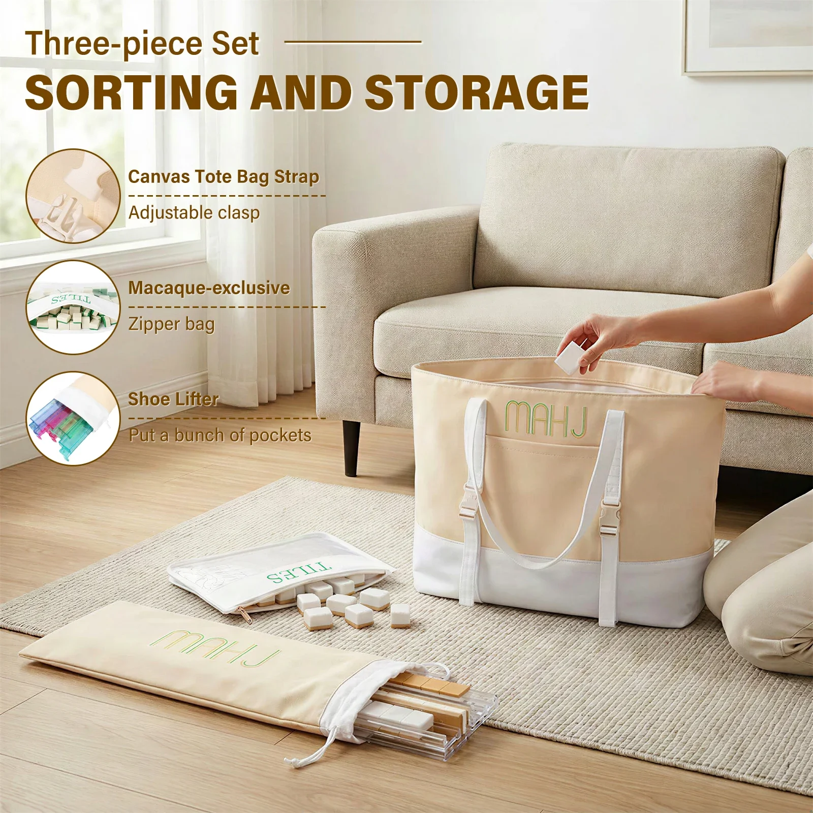 Portable Mahjong Tote Bag with Tile and Pusher Rack Holder Large Capacity Empty Canvas Storage Carrying Bag for Camping Travel