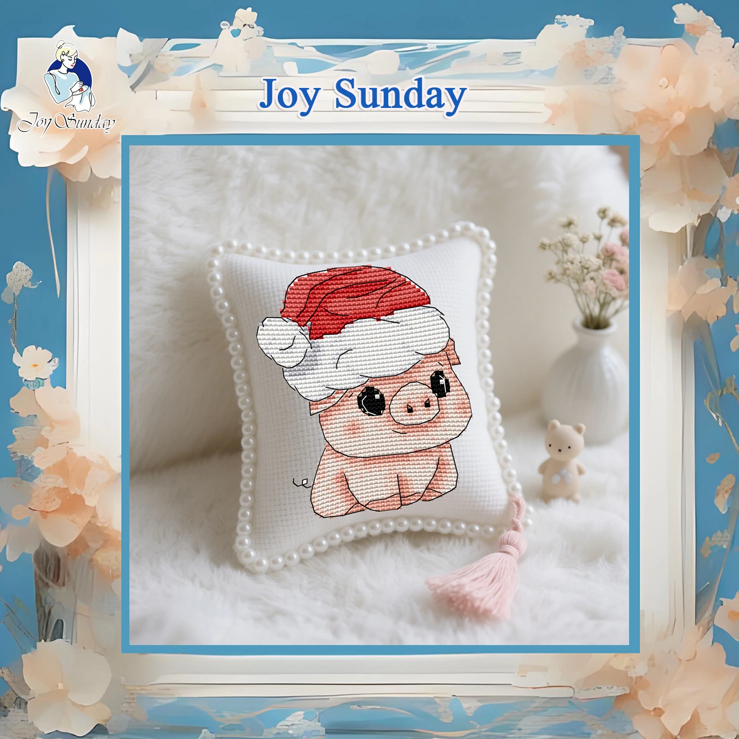 

Joy Sunday Pre-printed Cross Stitch Kit Easy Pattern Aida Stamped Fabric Embroidery Set-Little Pig with A Christmas Hat