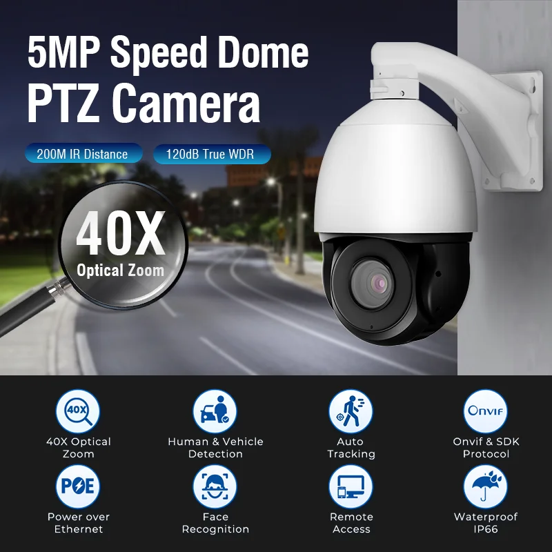 200m IR Range PTZ Network Ip 5MP POE 40X Optical Zoom High Speed PTZ Dome