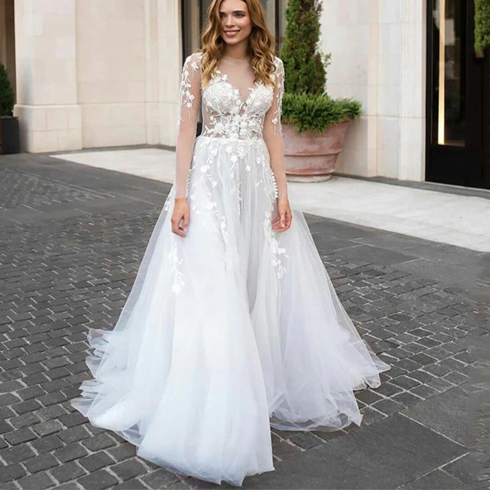 

Wedding Dress Long Sleeve Tulle White Vintage Lace Appliques Bride Dresses Vestido Customize To Measure Robe De Mariee Stunning