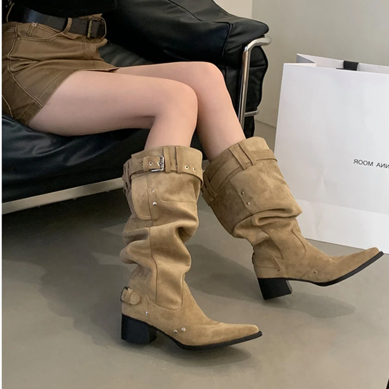 

Но сапоги до колена, женские летние замшевые сапоги цвета хаки с острым носком, детские сапоги на толстом каблуке с тонким плиссированным ворсом