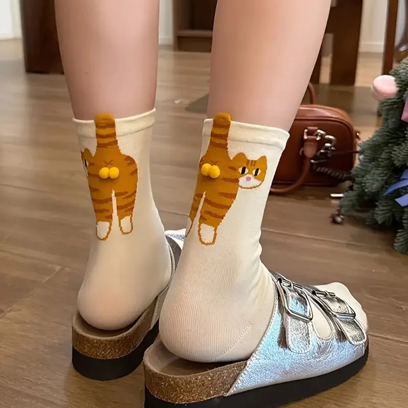 2 Pairs 3D Tabby Cat Socks, Puss-in-Boots Style Paw & Bell Design, Warm Thick Winter Socks for Men Women, Machine Washable