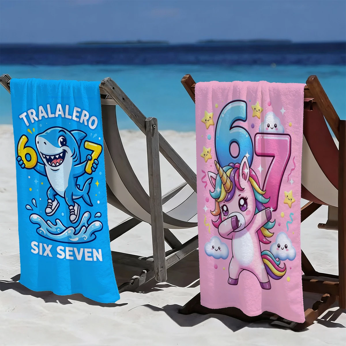 2pcs Cute Cartoon Shark & Unicorn 6-7 Themed Quick Dry Beach Towels Set Suitable for outdoor travel and swimming