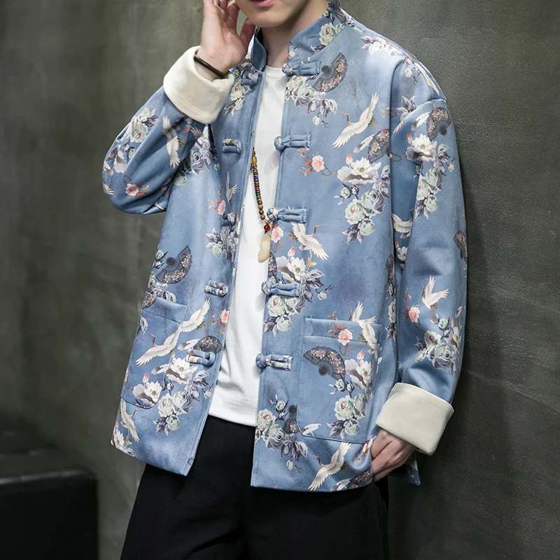 

New Chinese Sle Tang Costume Jaet Men's Loose Faion Deer Skin Velvet Retro Performance Hanfu Button Printed Coat