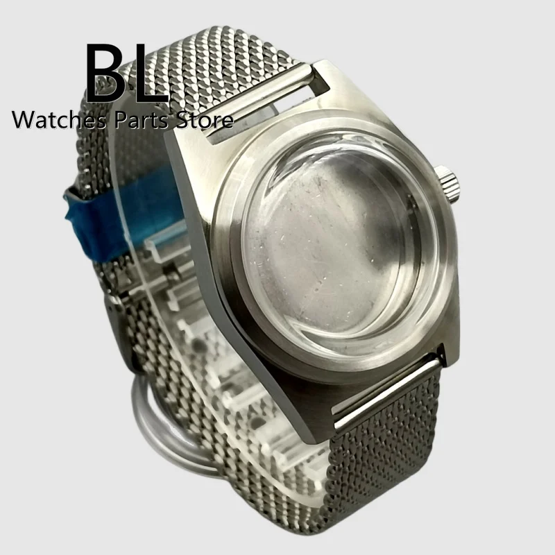 BLIGER New 38mm Watch Case Mesh Strap Domed Coated Glass/Flat Sapphire Crystal Fit NH35 NH36 ETA2824 PT5000 Movement Fixed Bezel