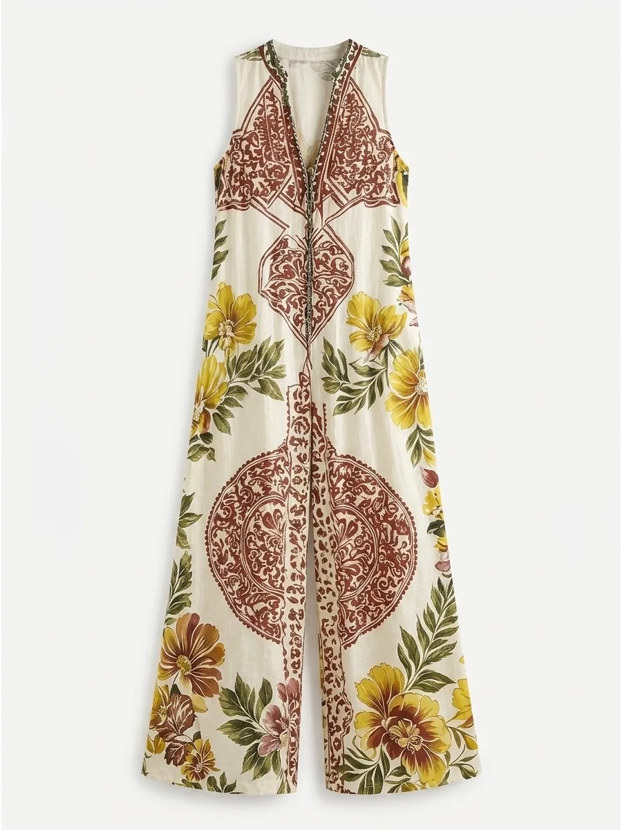 Missuoo Women's Casual Bohemian Floral Print Jumpsuit Deep V-neck Sleeveless Wide Leg Full Length One-piece Suit Vacation Outfit