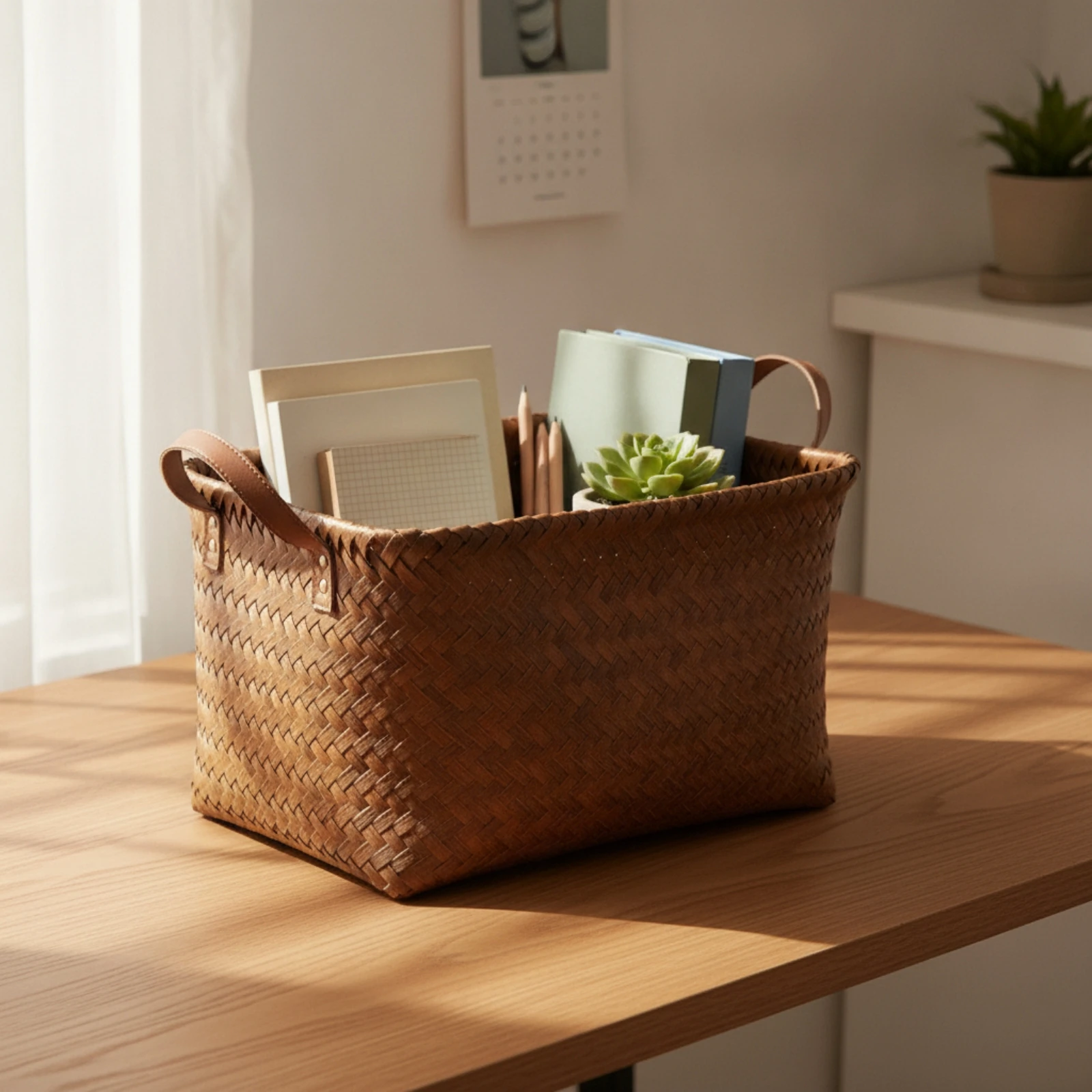 Open Top Woven Storage Basket with Sturdy Braided Edge and Warm Brown Finish for Bathroom Counter Organization
