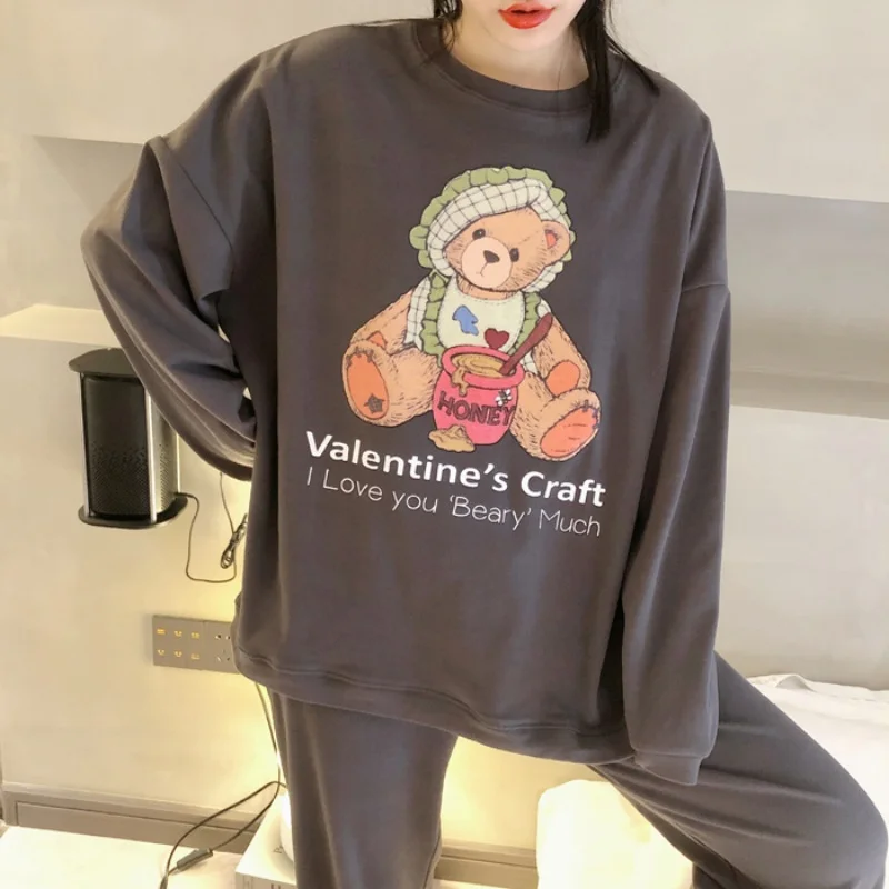 Pyjama ample pour femmes, ensemble de vêtements de maison avec petite tête d'ours, vêtements de maison, manches longues, pantalon Long, nouvelle collection printemps et automne