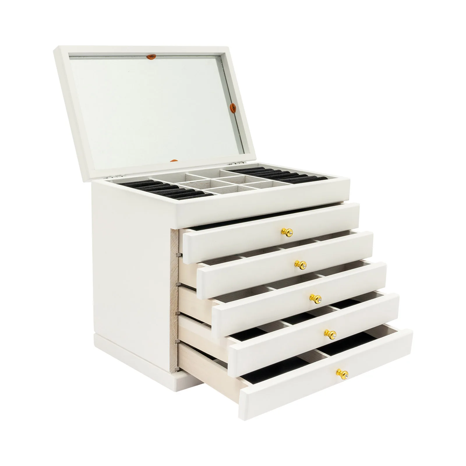 6-Schichtige Schmuck-Aufbewahrungsbox mit Spiegel, Kleeblatt-Gravur, Schmuck-Organizer, Weiß, Vintage-Stil, Aufbewahrungsbox für Ohrringe und Ringe – Detail 14