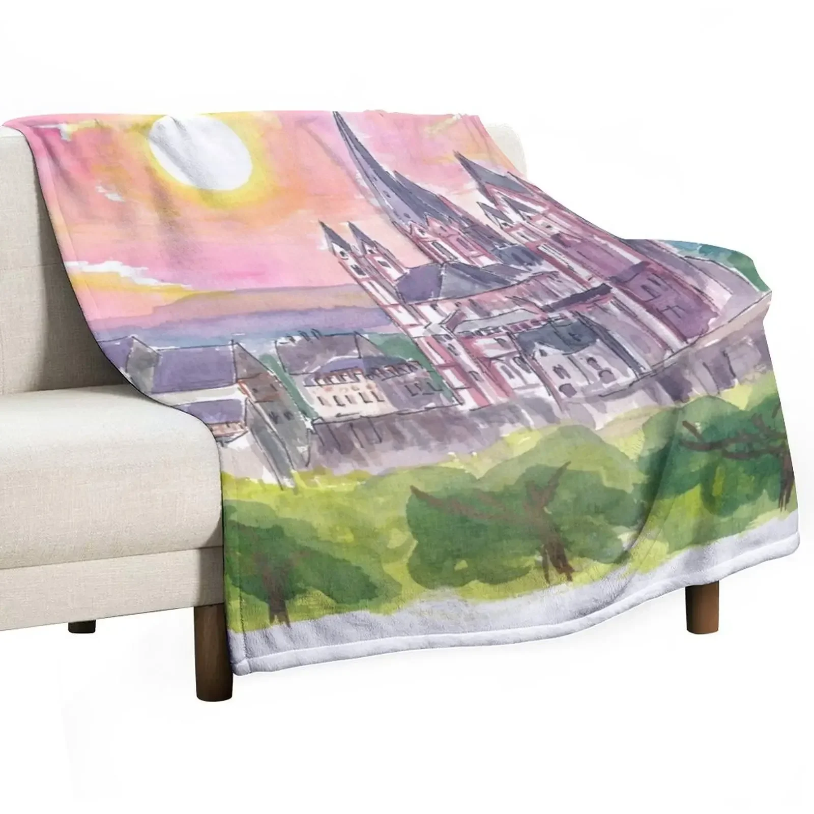 

Limburg Cathedral Watercolor Sunset Scene Throw Blanket Travel Size Cozy Blanket for Plane Train