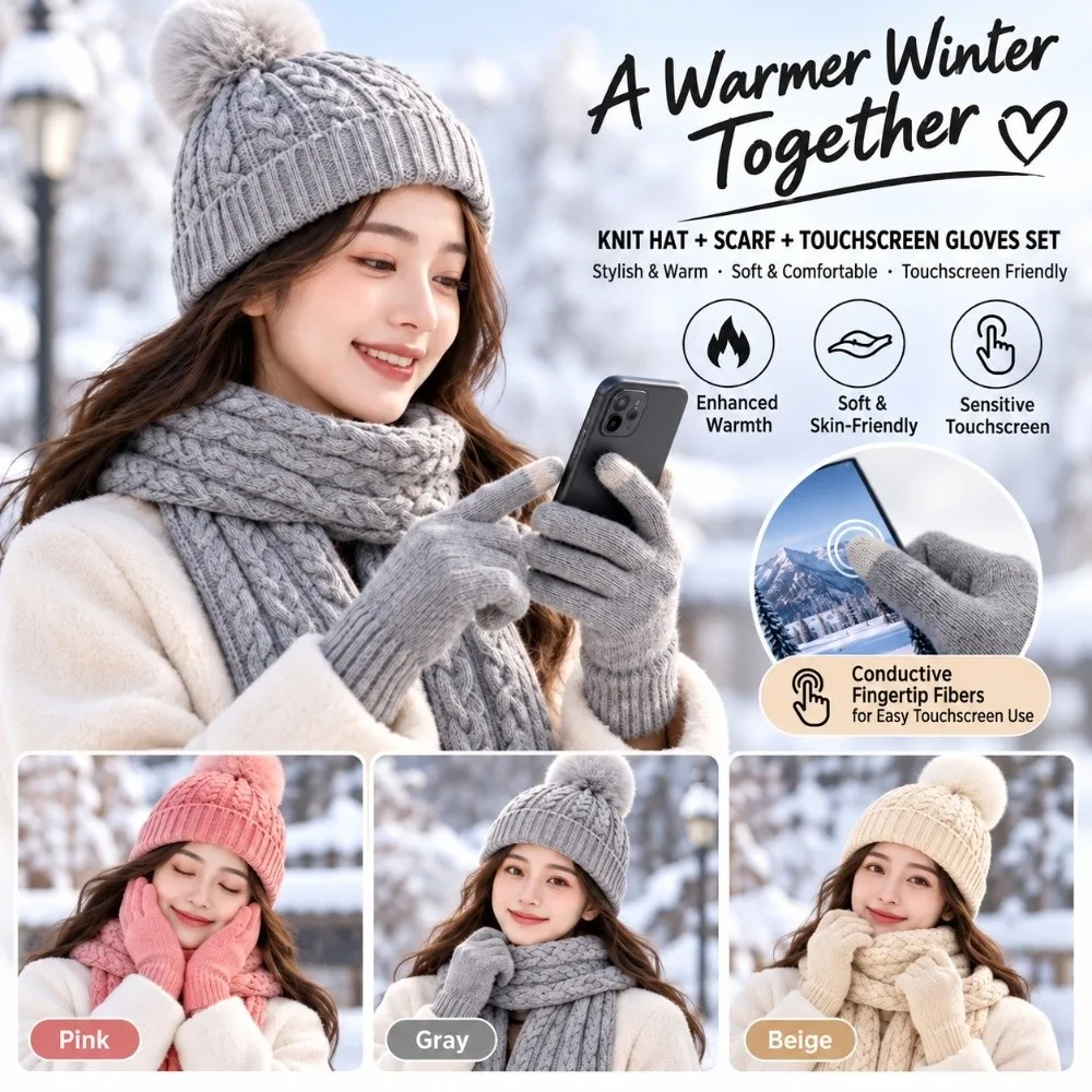 3Pcs/Set Warm Winter Hat Scarf Gloves Set Knitted Windproof Knit Beanie Snood Set Elastic Touchscreen Touchscreen Gloves
