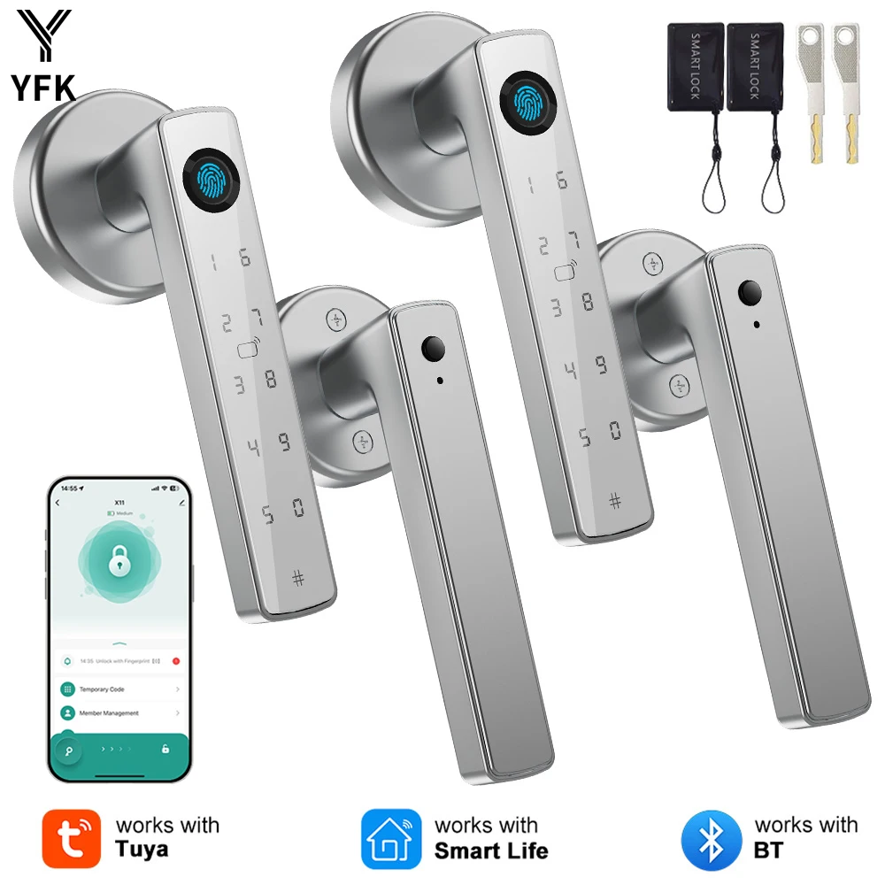 YFK Tuya Fingerprint Door Locks Smart Home Security Digital Electronic Access Control Lock with Keypad Password/Key/IC Card(Optional)/ Smartlife/ Tuya APP Unlock for Home Apartment Office Wooden Door