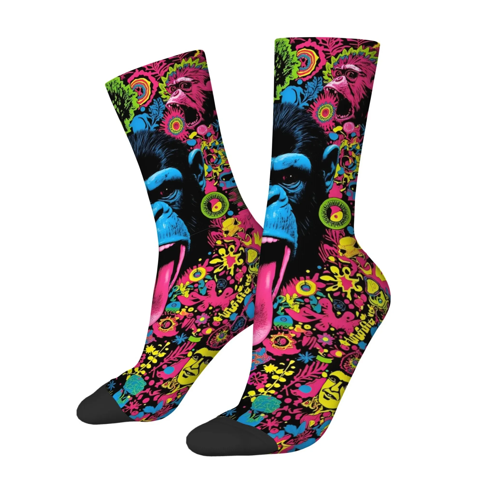 Psychedelic Hippie Retro Graffiti Style Men's Mid-calf Socks with Gorilla Print Novel Fun Fashionable Socks Soft Skin-friendly