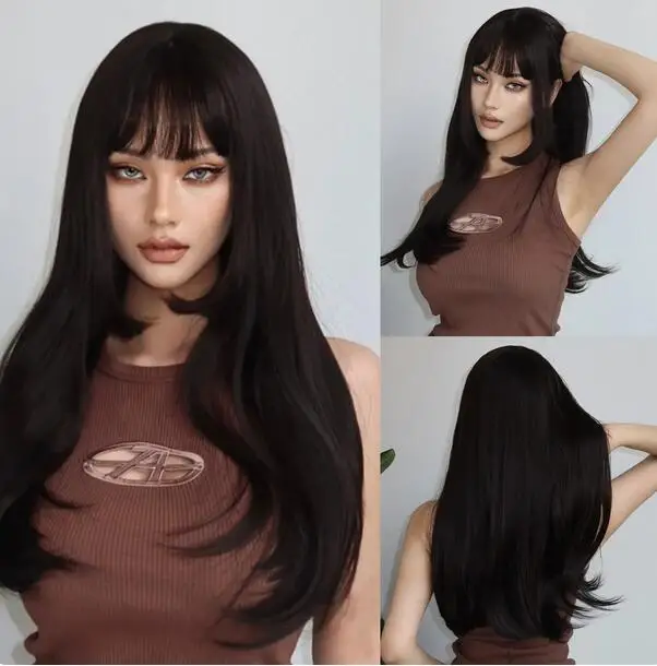 

Black Long Natural Straight Synthetic Wigs with Bangs for Women Cosplay Party High Temperature Hair Wigs Natural Looking