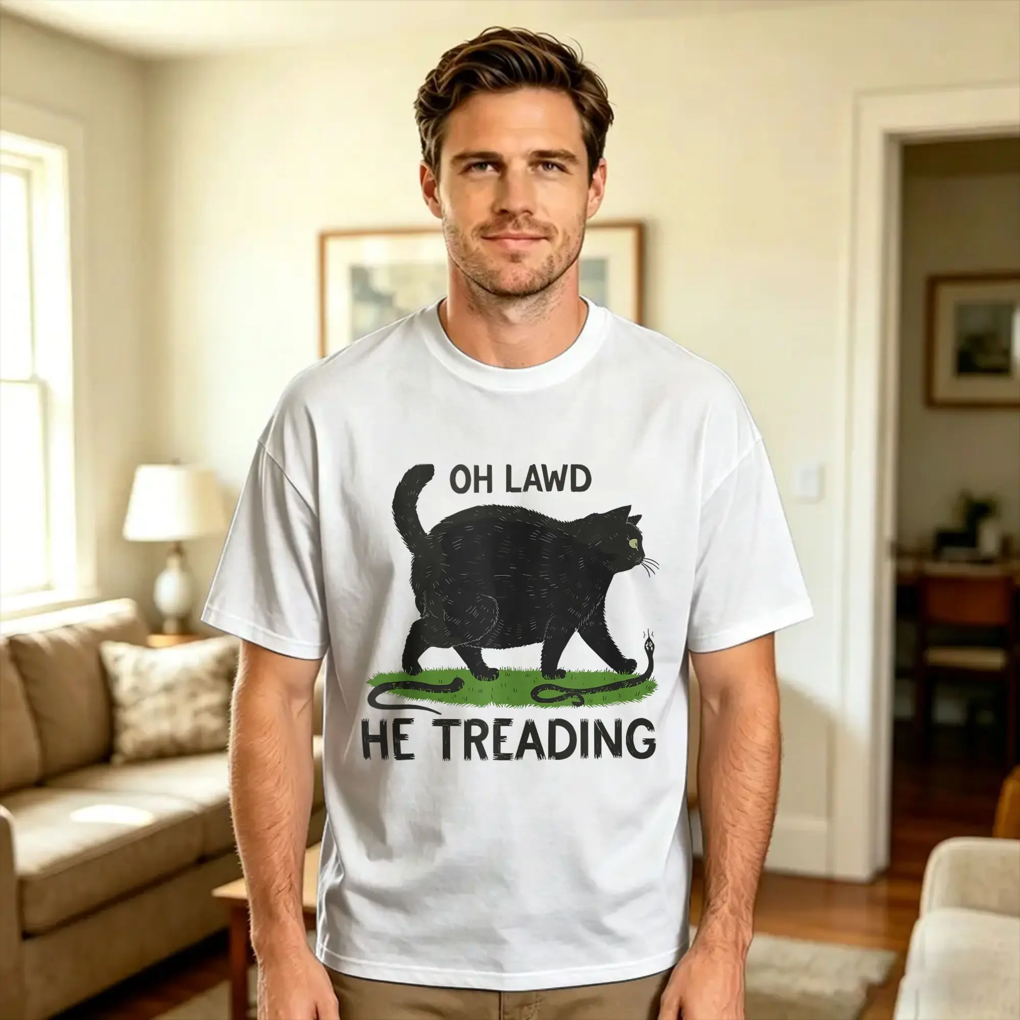 Oh Lawd He Treading Funny Fat Cat Lover Funny Memes Cat T Shirt Men  Vintage T-Shirts Summer Crewneck Harajuku Tees Casual Tops