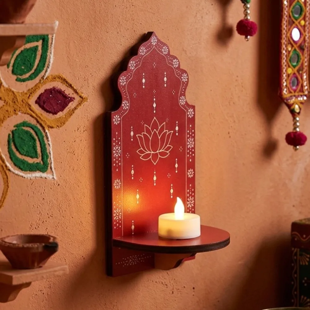 Meditation Wood Indian Wall Candle Holder Hand Painted Ethnic Style Diwali Candle Stand Arch Shape Pooja Prayer Wall Lamp Shelf