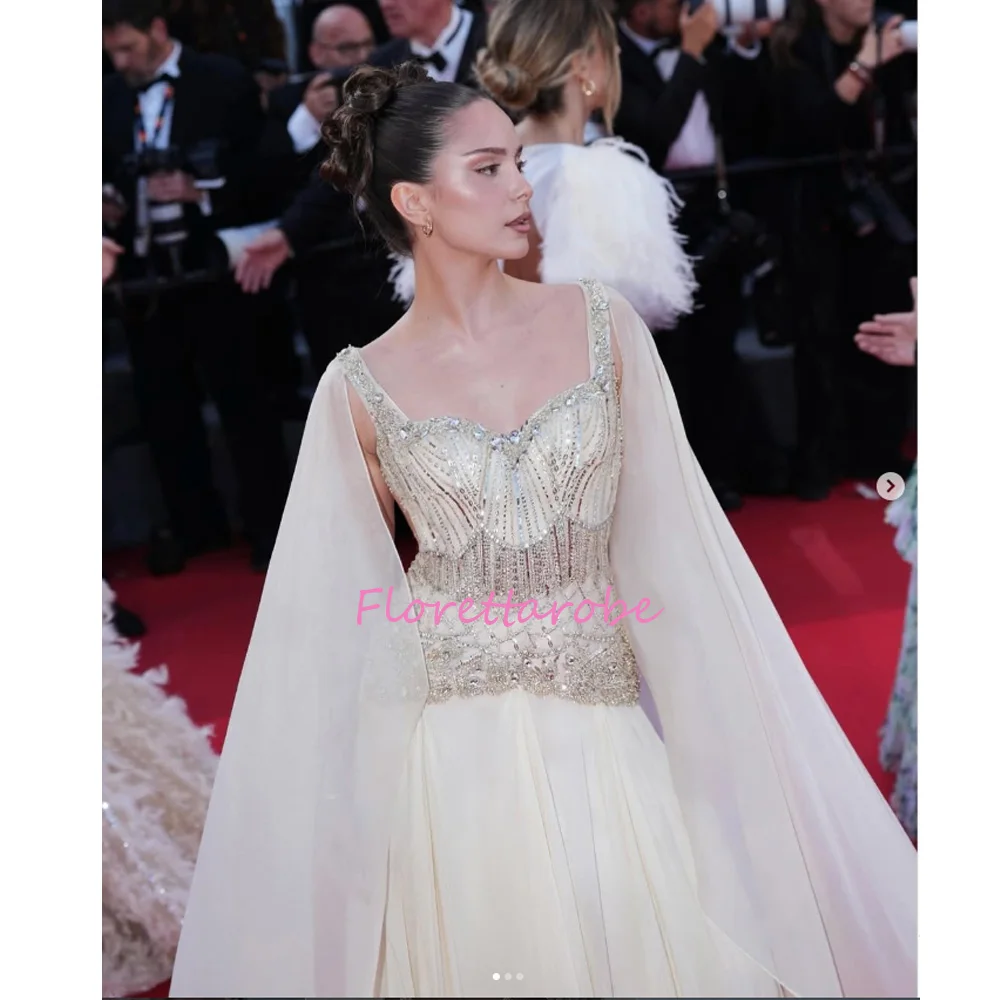 Women's Customized Square Neckline A-Line Evening Dresses Cap Sleeves Floor-Length Luxury Beads Prom Dress