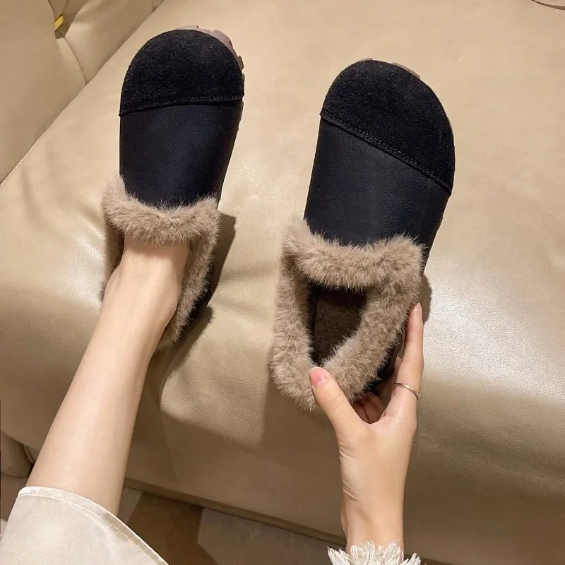 Sapatos planos para mulheres sapatos de algodão de pele 2024 inverno casual feminino mocassins dedo do pé redondo deslizamento-em apartamentos novas senhoras mocassins macios