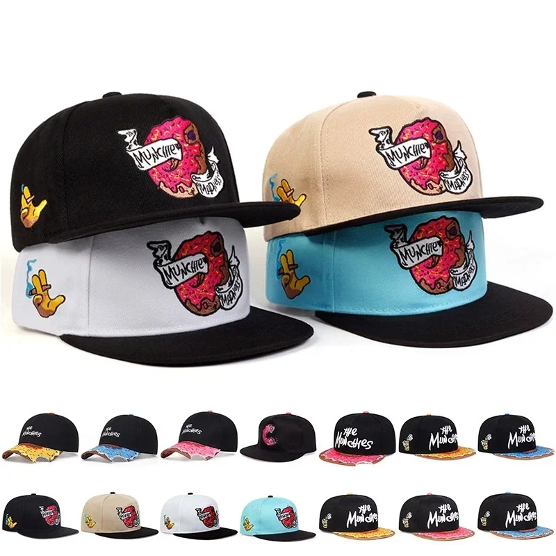 Unisex The Munchies Snapback Hat, Unique Bite Notch Donut Pattern Flat Brim Cap, Adjustable Street Hip Hop Baseball Cap