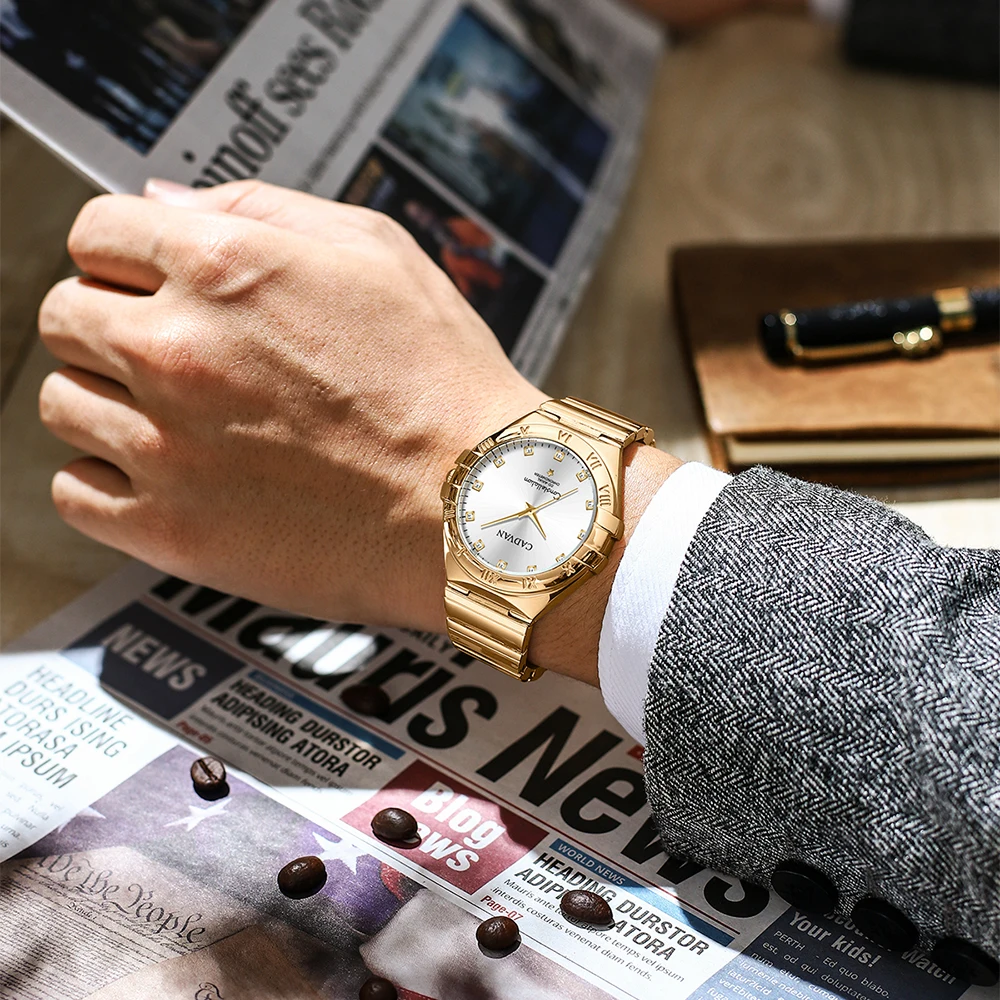 CADVAN من أجل الرجال ألماس فاخر مقاوم للماء مضيء من الفولاذ المقاوم للصدأ رجال الأعمال الكوارتز