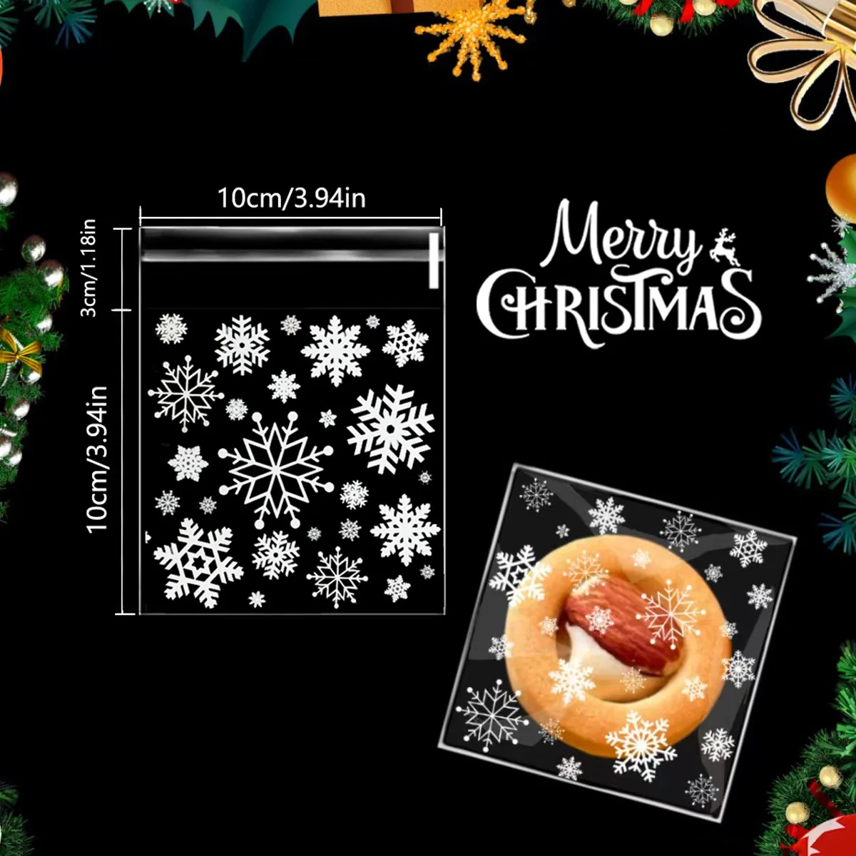 100 PCS Transparent and Versatile Christmas Gift Bags with Snowflake Elements, Cookies, Self Sealing Bags, Holiday Candy Bags.