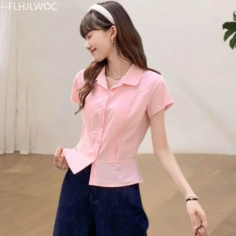

Cotton Tops Peplum Blouses New Cute Japan Girls Woman Summer Short Sleeve Slim Waist Peppy Style Pink Button Shirts