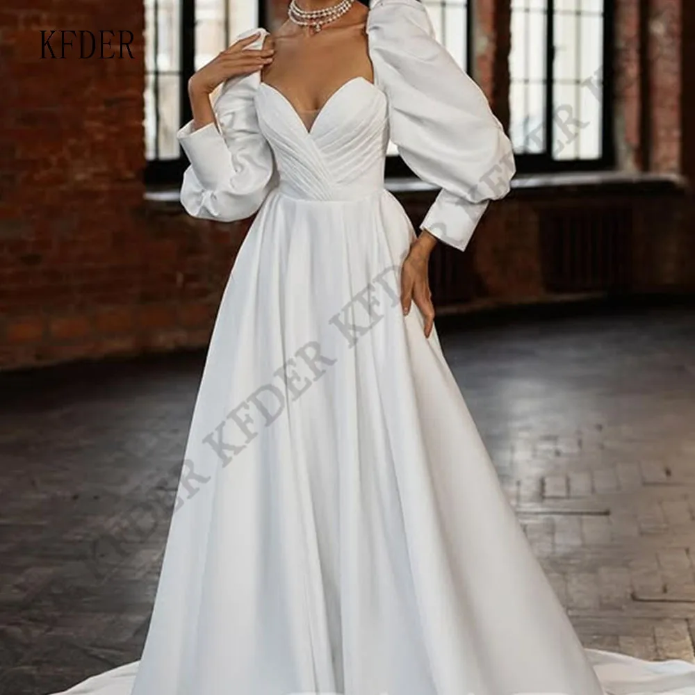 

Luxury Wedding Dress Puff Sleeves A-LINE Prom Dresses Sweetheart Satin Long Formal Bride Party Gown Customized Bridal