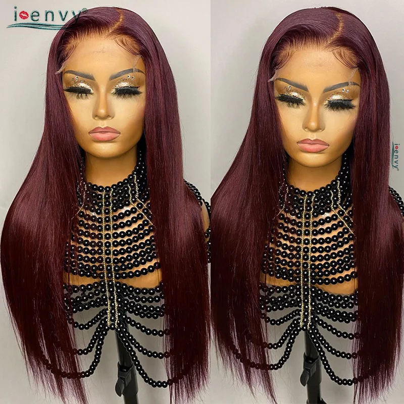 Burgundy 13X6 Hd Lace Frontal Human Hair Wig Straight Red 13X4 Transparent Lace Front Wigs For Women Pre Plucked 99J Colored Wig